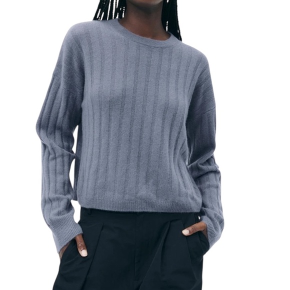 Naadam Lightweight Cashmere Ribbed Cropped Sweater in Slate Blue - Picture 1 of 6